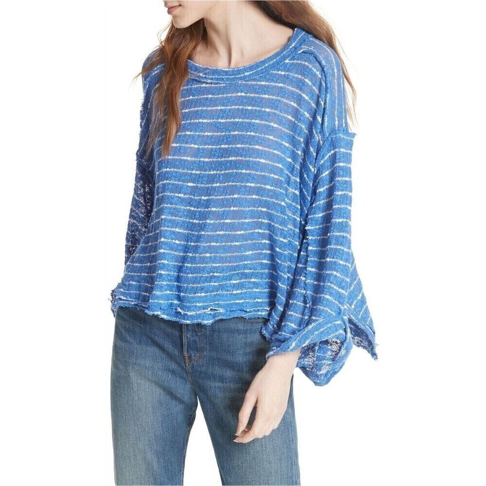 Free People‎ Womens Island Girl Hacci Basic T-Shirt Blue White Stripes Medium